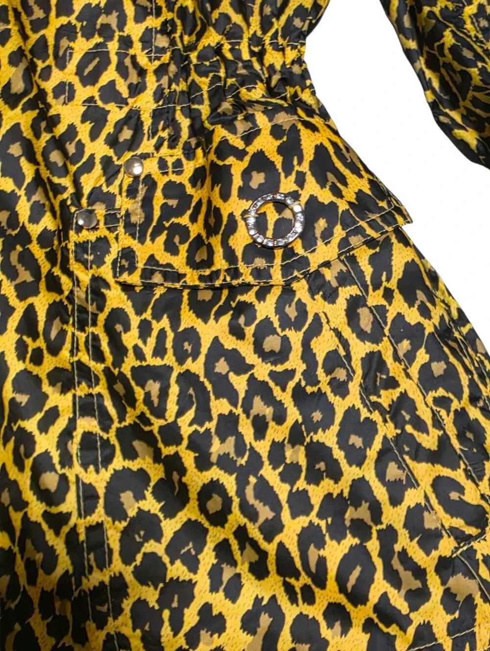 Yellow Leopard Print Drawstring Waist & Neck Windbreaker Rhinestone Detail OS